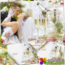 Свадебный новогодний календарь с большой рамкой ёлочными шарами и шампанским