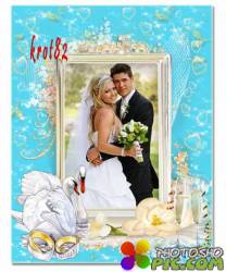 Рамка свадебная для фотошопа с кольцами, лебедями, шампанским и цветами