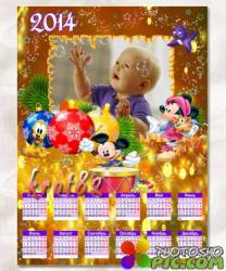 Календарь для фотошопа с рамкой для фото - Микки Маус и елочные игрушки