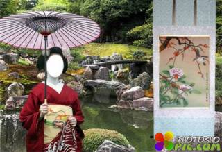 Шаблон Гейша в красном кимоно в саду камней  
