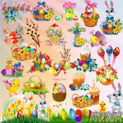 Пасхальный клипарт на прозрачном фоне — Яйца, зайцы, верба, цветы и пасха