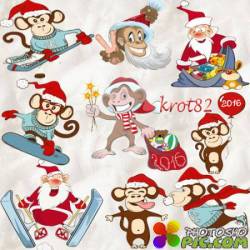 Подборка новогоднего клипарта  PNG – Смешные обезьяны и веселый Дед Мороз 
