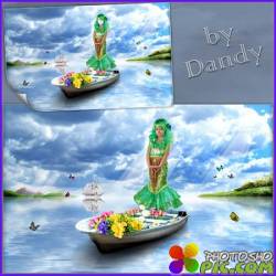 Шаблон для девочки - Русалочка на лодочке с цветами