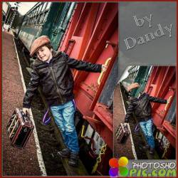 Шаблон для фотошопа - Мальчик на поезде с чемоданом