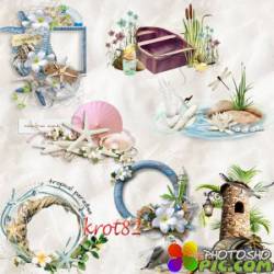 Морские кластеры для фотошопа PNG – Море, песок, лодка, пальмы, цветы 
