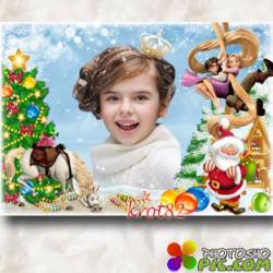 Новогодняя рамка для ребенка с Дедом морозом и Рапунцель 